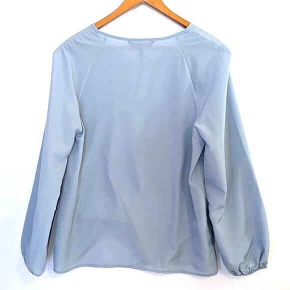 BCBGMAZAZRIA | Satin Blue Long Sleeve Ruffle Shoulder Keyhole Blouse | Medium - Picture 7 of 12